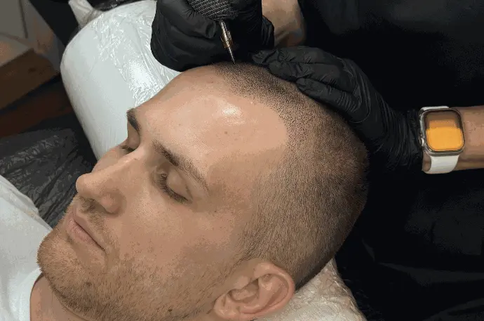 Application de pigments sur le cuir chevelu avec marquage préliminaire de la ligne frontale