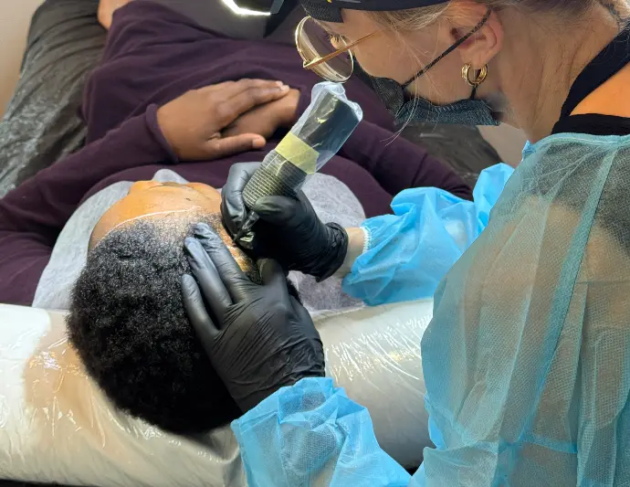 Praticienne en tricopigmentation capillaire en séance avec une patiente chez tattoo thérapie à aigle